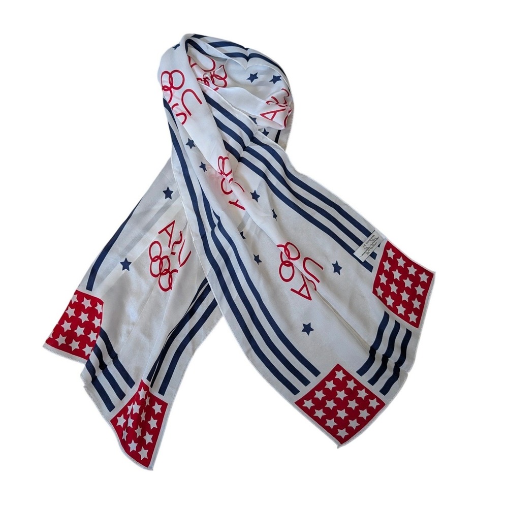 Vintage USA Olympic Silk Scarf Red White Blue Stars Stripes Bob Beamon Design